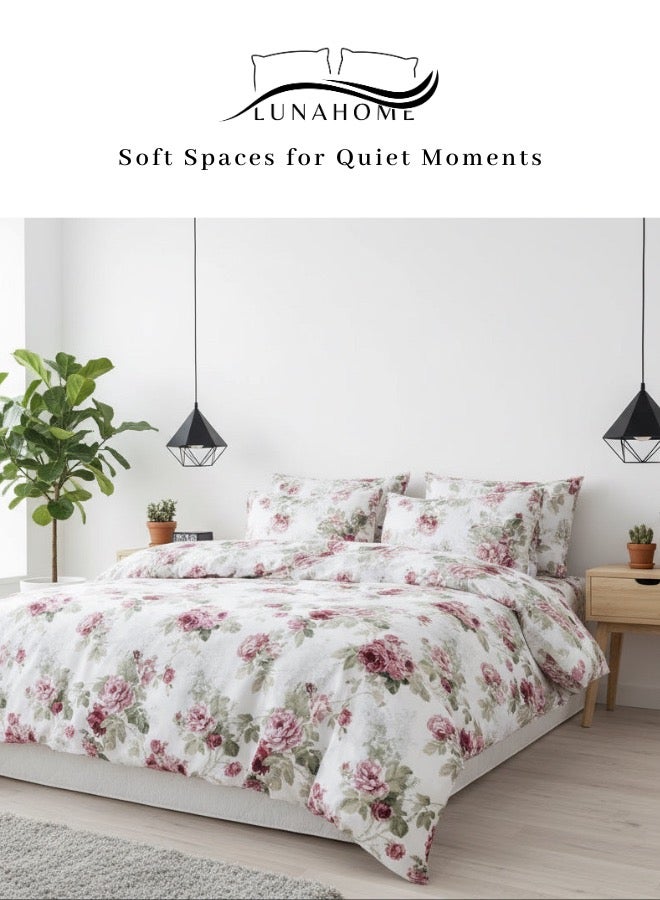 LUNA Home King size 6-piece set ( 1 Duvet cover - 220*240cm. 1 Fitted sheet - 200*200cm+30cm. 4 Pillow covers - 50*75cm. ). bedding set rose print with green leaves. - Image 1